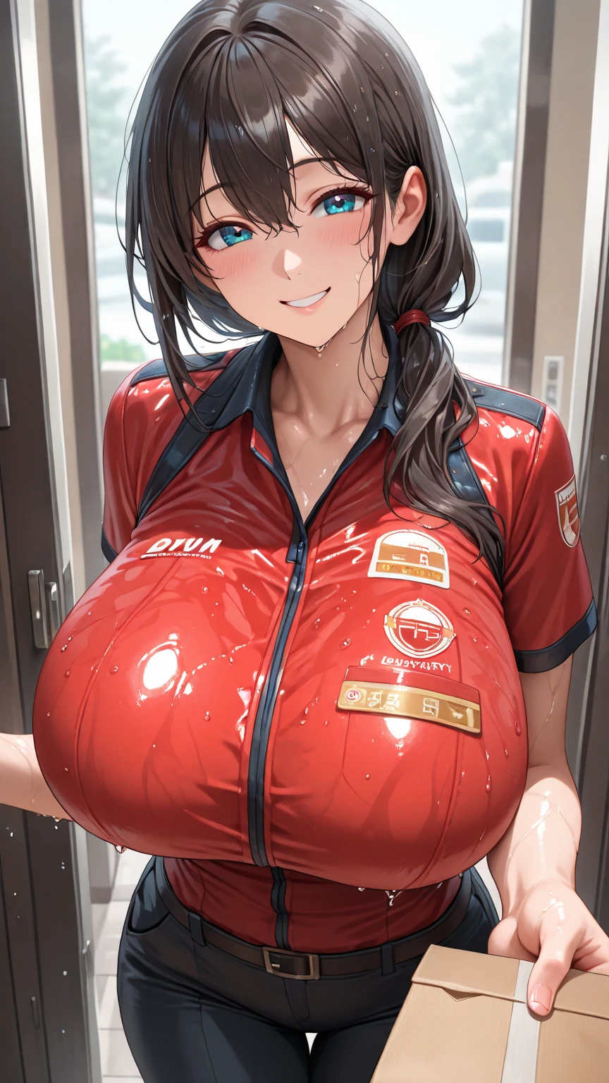 (A high resolution, masterpiece, Best Quality, High resolution:1.8), (Photorealistic:1.5), (40 yo woman:1.8), (Dim light), (Light on the Face:0.5), (Detailed face, detailed hairs, Detailed skin, (shiny eyes:1.5)), (Cowboy Shot:1.8), (gigantic breast), (slender), ((Squint and smile wide:1.3), (Smile:1.6), (Opened mouth:1.3)), (Looking straight:1.8), (standing), (Shiny skin, high gloss skin:1.8), (competition swim suit:1.5), (gleaming skin:1.6), (Standing in the laboratory:1.3),