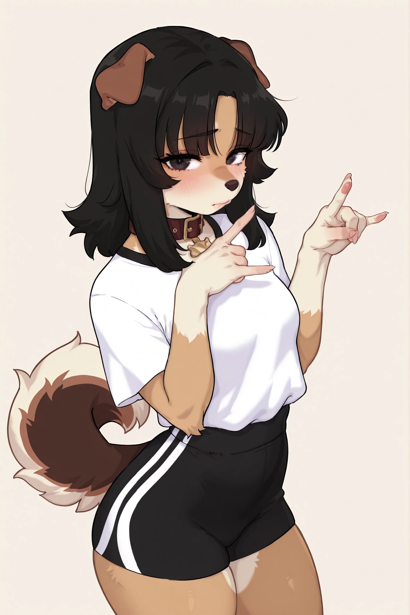 1 anthro woman, medium hair, straight black hair, bangs, dog ears, dog tail, bicolor fur, caramel fur, white shirt, collar, shouder showing, sports shorts, beige background, look at viewer, blowjob_gesture, shy