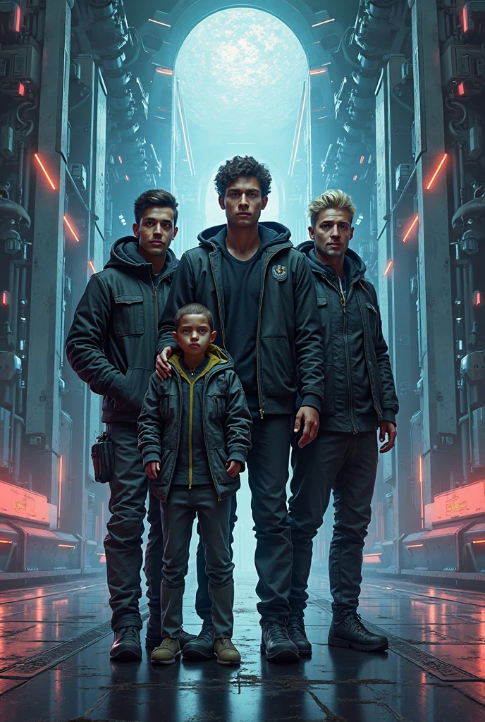 3 children boys WITH STRAIGHT DARK HAIR, green leather jacket and black clothes. PORTRAT STYLE, a green glow, detalized background of green glow, green glow, green ambient light, bright green, radioactive glow green, neon green, sickening green colors.