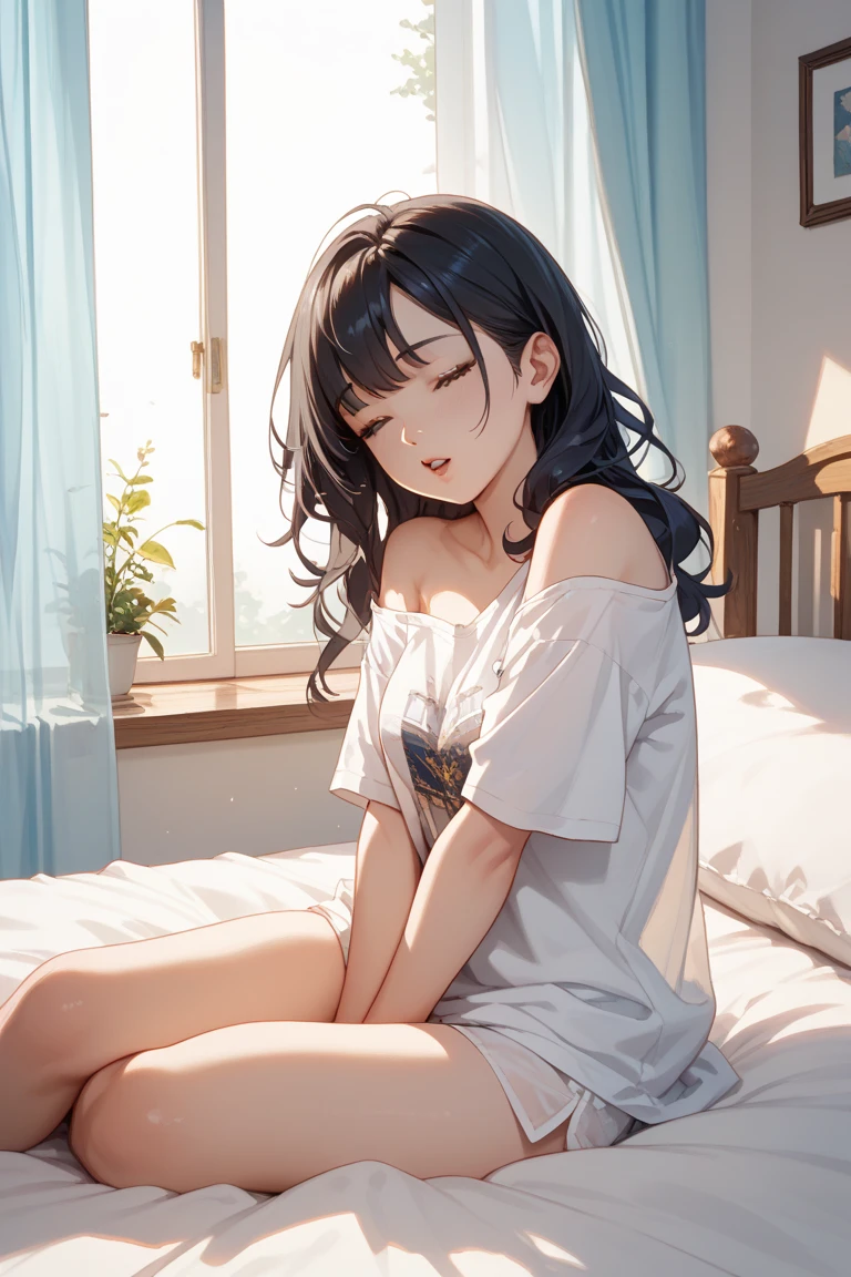 for profit, utaha kasumigaoka, black hair,  long hair, smile,windows，romantic starry sky，sleeping with both eyes closed,A meteor crosses,T-shirt,black string underwear,sleeping in bed,night,moonlight,sleep with your head on the pillow,Sleeping lying on your back in bed,dark room, barefoot　　　　　　　　　　　　　　　　　　break indoors, Bedroom, break (masterpiece:1.2), highest quality, High resolution, unity 8k wallpaper, (shape:0.8), highly detailed face, perfect lighting, Very detailed CG, (perfect hands, perfect anatomy),
break indoors,Bedroom,
break (masterpiece:1.2), highest quality, High resolution, unity 8k wallpaper, (figure:0.8), highly detailed face, perfect lighting, Very detailed CG, (perfect hands, perfect anatomy),