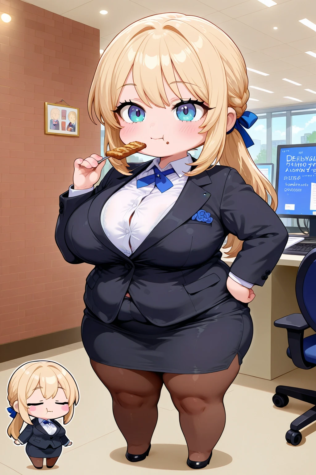 High quality, full body photo of a beautiful sexy secretary wearing extremely short skirt and seamed stockings, ((solo)), adult, high heels, craves sex, sweaty, eating at McDonalds, beautiful face, stunning blue eyes, big overstuffed bloated bulging heavy fat belly, panties visible under skirt, revealing skirt, shes binge eating,