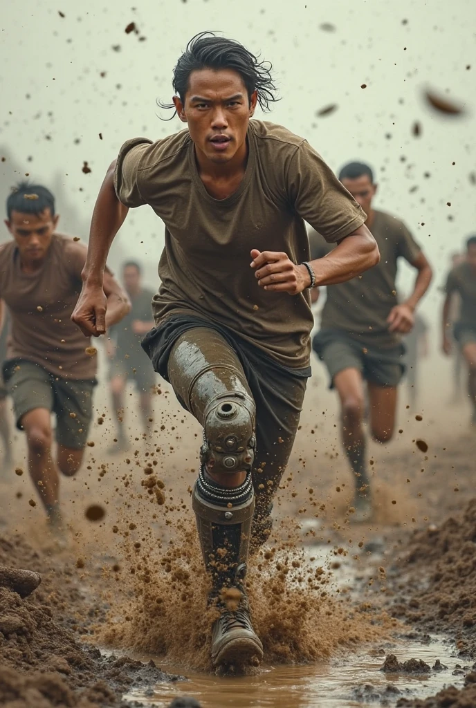 realistic 3D caricature, caricature A handsome young Indonesian soldier 20 years old, bigger head, buzzcut hair, in a roar full of red berets, charging directly towards the camera with a fierce expression swinging to kalaniskov, displaying splashes and splashes of mud around the soldiers suggesting his fast movements and wild energy. impressive and the presence of a true patriot soldier