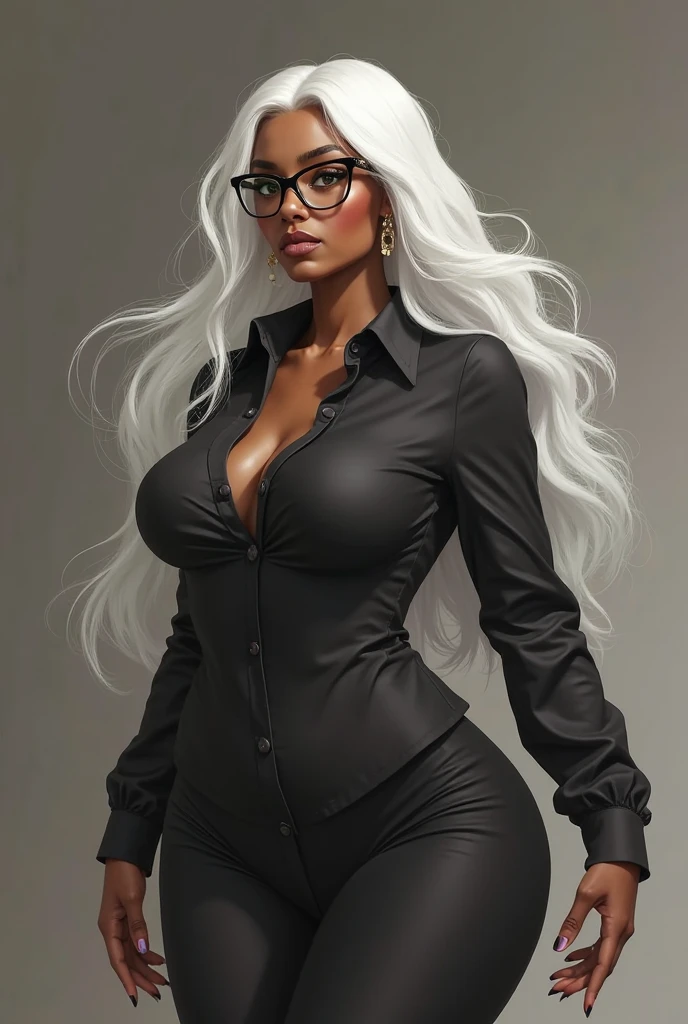 ((Masterpiece, Highest quality)), Detailed face, (character design sheet), full bodyesbian, Full of details, frontal body view, back body view, Highly detailed, Depth, Many parts, Multiple poses and expressions (mature woman with long ponytail grey hair) (light blue eyes), 35 years old, (name:Alexa Summer) ,dominant gorgeous girl, same character, muscle body, (Ebony:1.4), dark skinned girl, evil smile, angry expression red lips, (business suit), girl tall, chokers, (Sexy Office Lady ), tattoos, glasses, short black skirt, white shirt, pantyhose, stocking