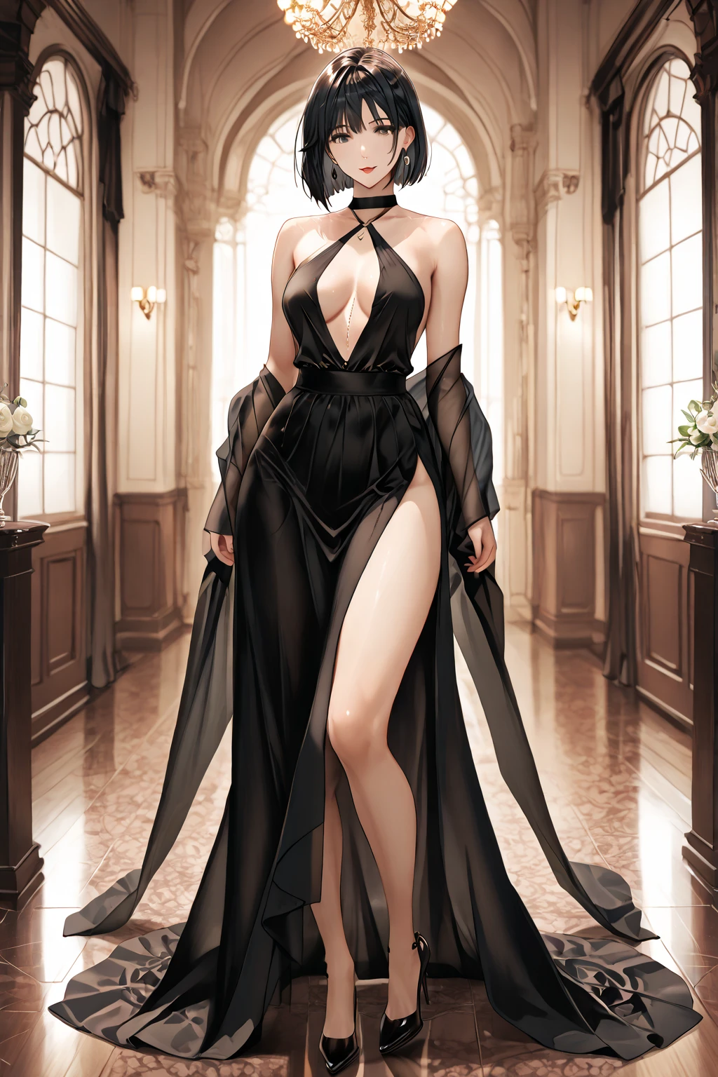 beautiful young anime girl, 16 years old, oval face, slender and toned hourglass body shape, sharp and noble facial features, arrogant and disdainful expression, classy opulent bedroom, golden silk thigh-length. nightdress , tanned white skin, plump cherry pink lips, thin eyebrows, big round violet-colored eyes, sleek short sleek dark-violet hair with American Pixie cut and small bangs covering her forehead, narrow waist, small wide curvy hips protruding to large perky round ass, sandals, modest C-cup breast size, tall 175cm, full body image, standing straight, looking at camera, hip level shot, huge European castle background, best quality
