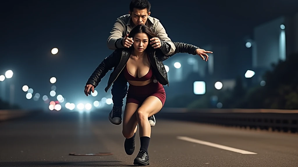 The black grim reaper chases the girl、A girl running away with a frightened expression