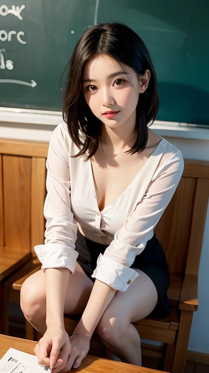 1 woman,highest quality,8K, Detailed facial depiction, Detailed description of the eyes,, taking off underwear, Bear Breast, Because I'm slender, normal chest size, sit with legs apart, smile, Colorful earrings, necklace, 38 year old female, Japanese, teacher, slightly open chest, beautiful, perfect style, sexy, classroom, sitting at desk、((school teacher outfit))、Japanese face、whole body、Open legs、neat woman、dark blue clothes、Formal suits、((short hair)),((black hair)),well-groomed face,Japanese face、(legs open)