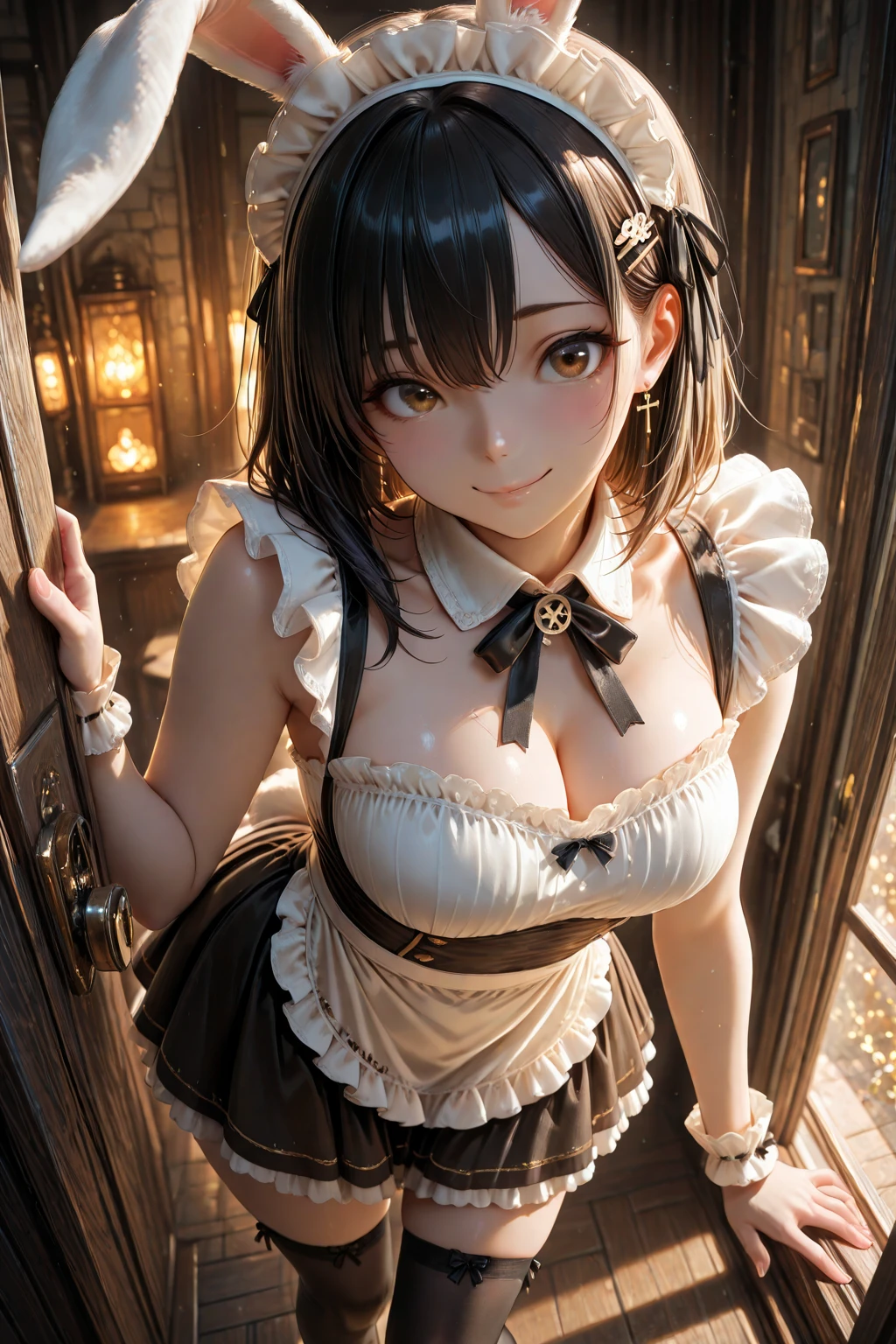 (Extremely detailed image quality)One girl、Realistic skin texture、Butt-length hair、ponytail、Moist and beautiful hair、((Bright smile))、stare(The cleavage appears larger)(Eroticい21歳の女の子、Small face、Very beautiful face、Natural Makeup)(Fair skin)(Sparkling eyes)Smooth Skin、Realistic skin texture((Interior of an old Western-style building、Grey-white floor、Table set))(((A white frilly shirt that shows off a bold chest、Short sleeve、Maid、Maidエプロン、Puffy sleeves))((A very short black miniskirt with frills、Extremely short length))((Stand up straight、Eroticいポーズ、Leg spread))Beautiful armpits、Round beautiful breasts、Beautiful cleavage、Narrow waist、Waistline:1.2、Big Ass、Thin thighs(((Are standing、Erotic、sexy)))(((((Medium full shot from below)))))View angle from below