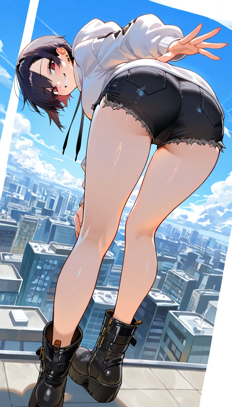 masterpiece、Highest quality、Giantess、Giantessのイラスト、smile、Open mouth and show teeth、beautiful身体、beautiful、Anime illustration、A small building being destroyed underfoot、Tank top、Shorts、Low - Angle、walk、Looming、I can see my feet、Draw a woman in a big way、Giantess、Hands on hips、giantess、Destroyed small town、Destroyed small building district、Smoke is rising、The fugitive々、Destructive illustration、A small city of buildings visible in the distance、