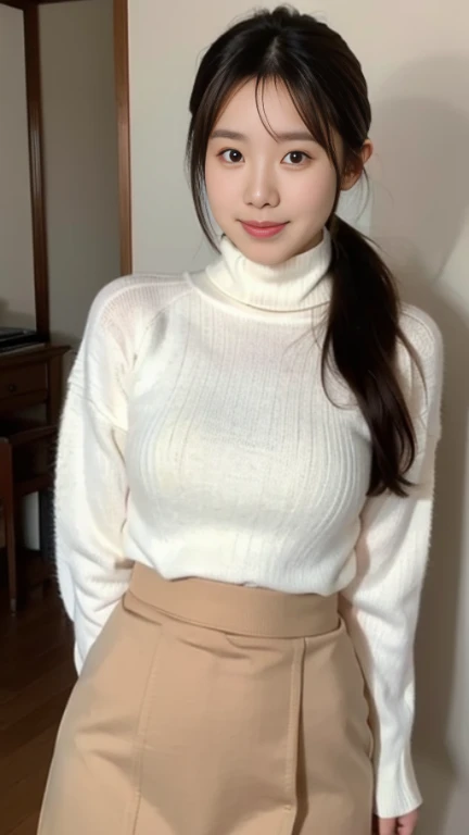 ((top-quality、8K、masterpiece:1.3))、女の子1人、((Beautiful hair))、Beautiful woman with slender abs:1.3、(((very Bigger breasts、1.7)))、Turtleneck made of knitted material:1.1、hyperdetailed face、A detailed eye、二重まぶた、(((Photograph the whole body)))、(Smile)