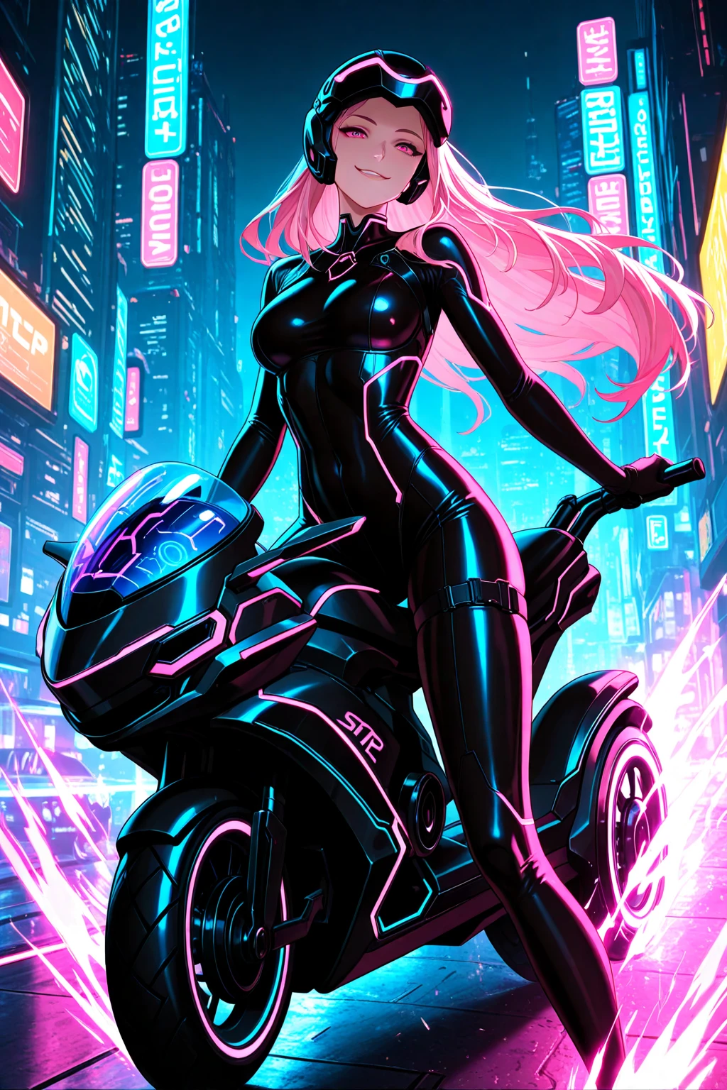 One girl, Daenerys Targaryen, cyberpunk, neon lights, cyberware, revealing clothes, riding a motorbike, detailed face