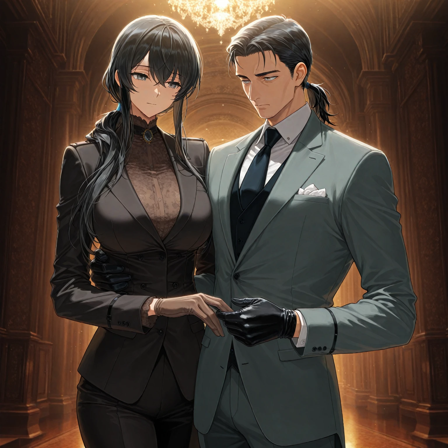 masterpiece, best quality, newest, absurdres, highres, 
SDPV1.0, Duo, duo focus, simple background, black background,
1girl, yor_briar, spy_x_family, black_hair, red_eyes, black dress,
1boy, loid forger (spy_x_family), blonde, blue eyes, green suit,