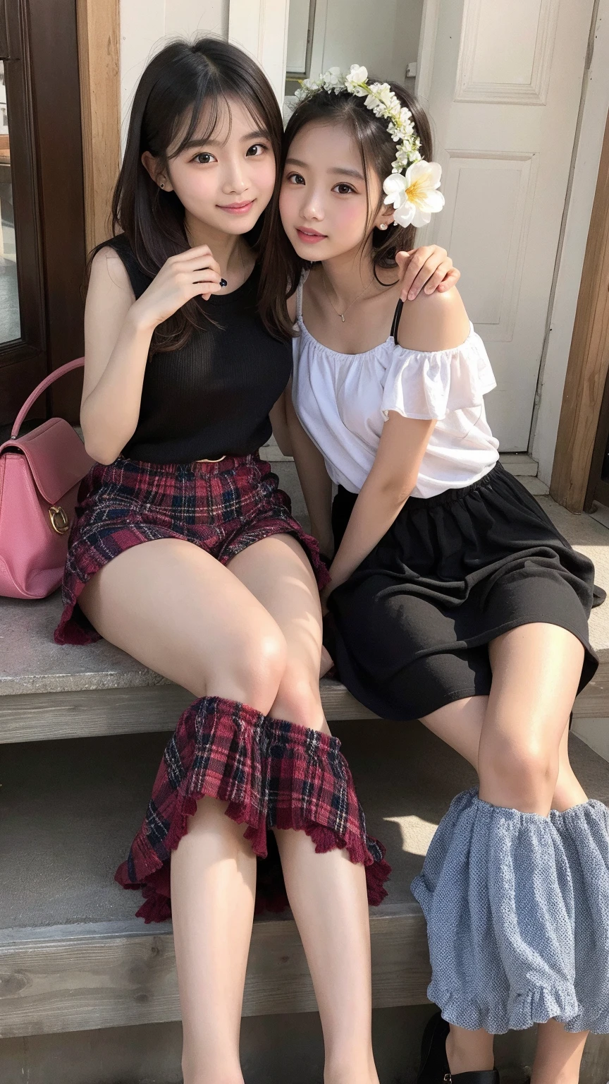 Young loli girl in a short skirt playing with puppy