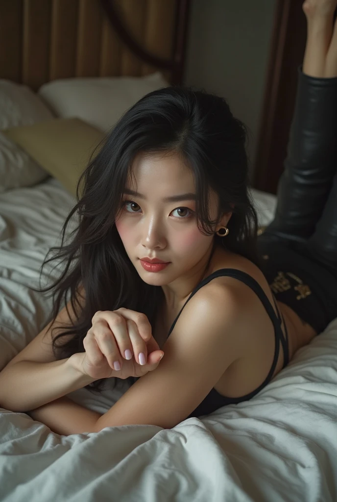 full body photo of woman in black panties and black knee high socks in a plan dark bedroom that is dimly lit, close up shot on thighs, low angle, cute face, brown hair, brown eyes