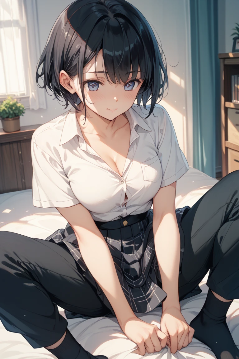 absurdres, RAW photo, extremely delicate and beautiful, masterpiece, Best Quality, ultra high resolution, 32k, hyperrealistic, ultra-detailed, in her 20s, delicate facial features, tearful mole, earring, medium breasts, full body shot, shorter middle hair, black hair, tennis uniform, shirt, shorts,