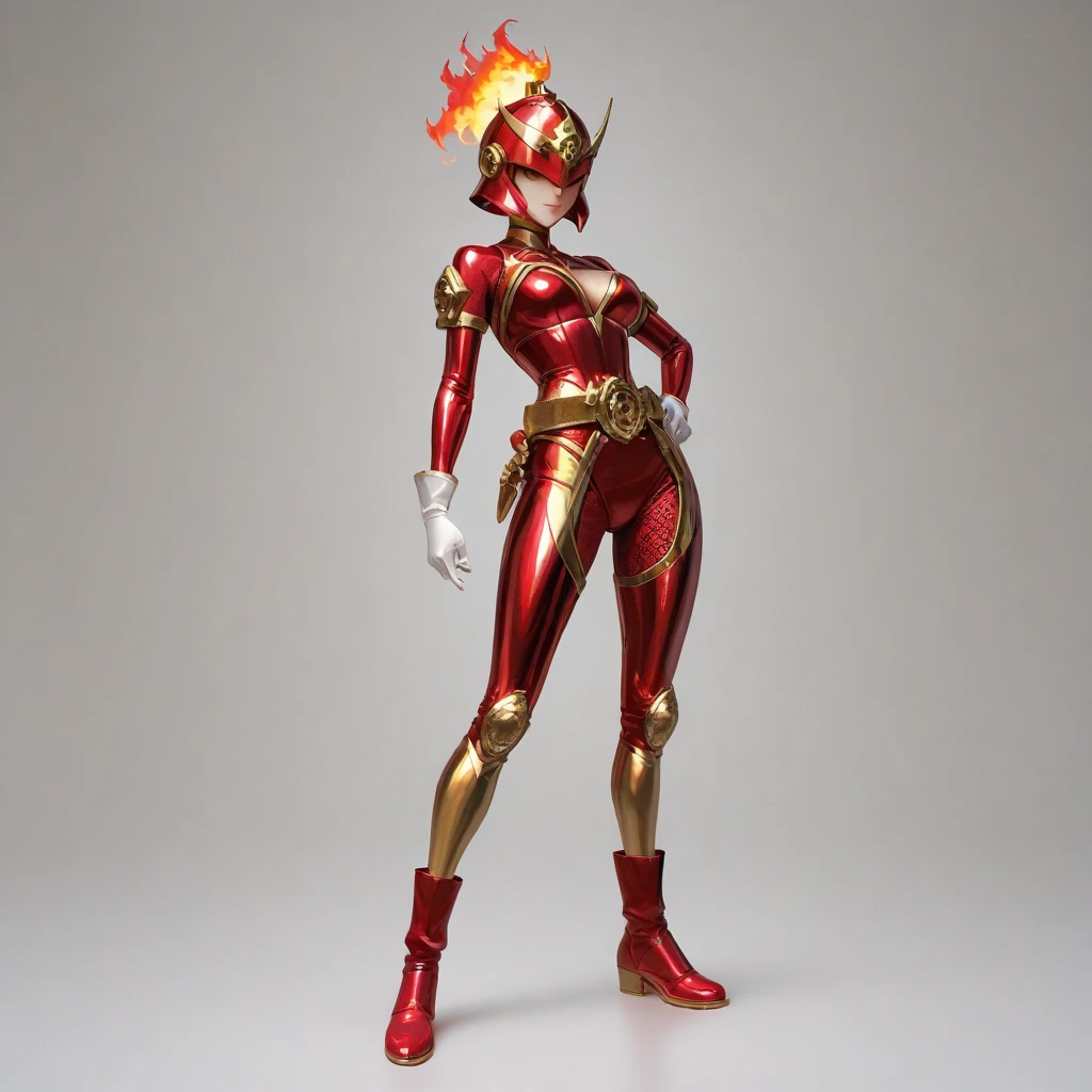 Female figure in red and gold costume, gynoid body, gynoid cyborg body, knights of zodiac girl, the detailed images, cyber japan style armor, Metallic luster, Background of buildings