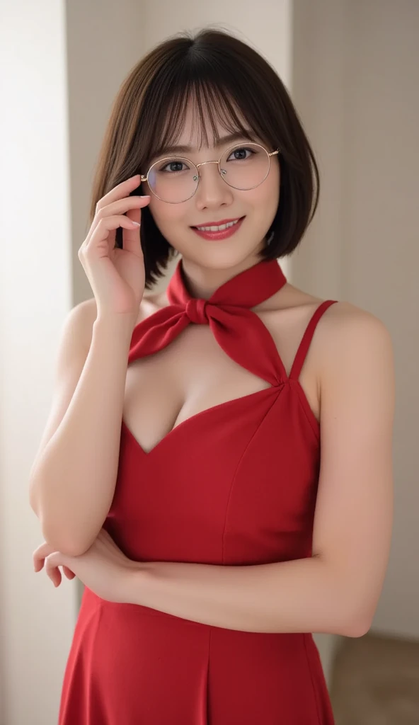 score_9,score8_up,(majestic:1.5),(uhd:1.3)(best quality,highres,masterpiece:1.2),ultra-detailed,(realistic,photorealistic,photo-realistic:1.37),(( wide view shot)), Masterpiece, beautiful details, perfect focus, uniform 8K wallpaper, high resolution, exquisite texture down to the smallest detail, (background Blur:1.7), (highest resolution, distinct_image), Best quality, single person, one woman, solo, masterpiece, highly detailed, semi realistic, black short hair, hair, bangs, 15 years old, perfect body, dimples, mature, modern girl, detailed and natural medium breasts, detailed glossy eyes, detailed white teeth, detailed sharp nose, detailed full glossy lips, detailed perfect symmetrical face, perfect skin texture, smooth skin, deep neckline, glasses, beautiful designer  red fashion dress, bending forward, seductive pose, dynamic pose, earrings and necklace, hair ornaments, gentle, cute, blushing, gentle smile, exquisite facial features, vibrant colours, exquisite facial features, perfect body anatomy, slender but curve, cute, night time, perfect lighting, indoors, confident, elegant pose,
