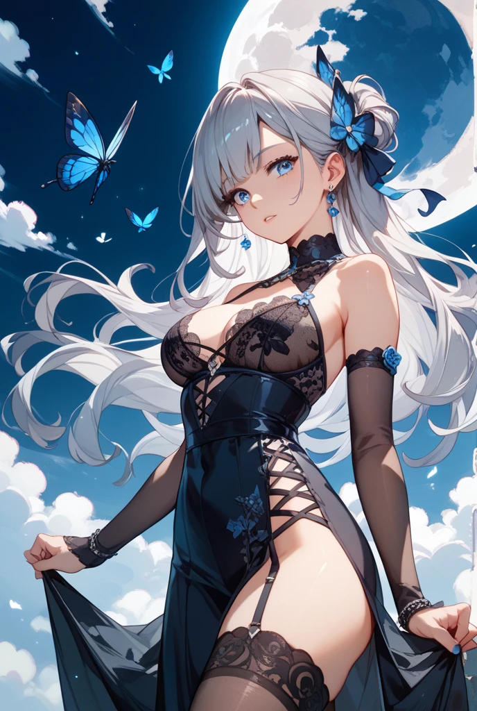 High resolution RAW color art, animation,Sculpture, Silver Marble Skin, (((Highly detailed elegant))), Magical atmosphere, Detailed skin, texture,(Exquisitely crafted, The finer details, Ultra-detailed art), Depth of written boundary, Silky Touch, Hyper Detail, White Background, (Black geometric shapes), Beautiful Eyes, Elegant face, Under the chest, Sunset sky, View from below, Ivory Rose, eye shadow、(Highest quality:1.2, High detail, masterpiece:1.2, Best aesthetics), (1 Girl), Beautiful woman, Beautiful attention to detail, Beautiful lip detail, Highly detailed face, Delicate depiction of hair and eyes, Detailed Fashion, Aqua Eye, Earrings, Attractive breasts,whole body, ,Focus on the user, Smile lightly, Bare navel, Bare arms and legs, Flashy Nails, Black off-the-shoulder, Black shorts, Gray Hair, bracelet, Long Hair, Light blue inner hair,