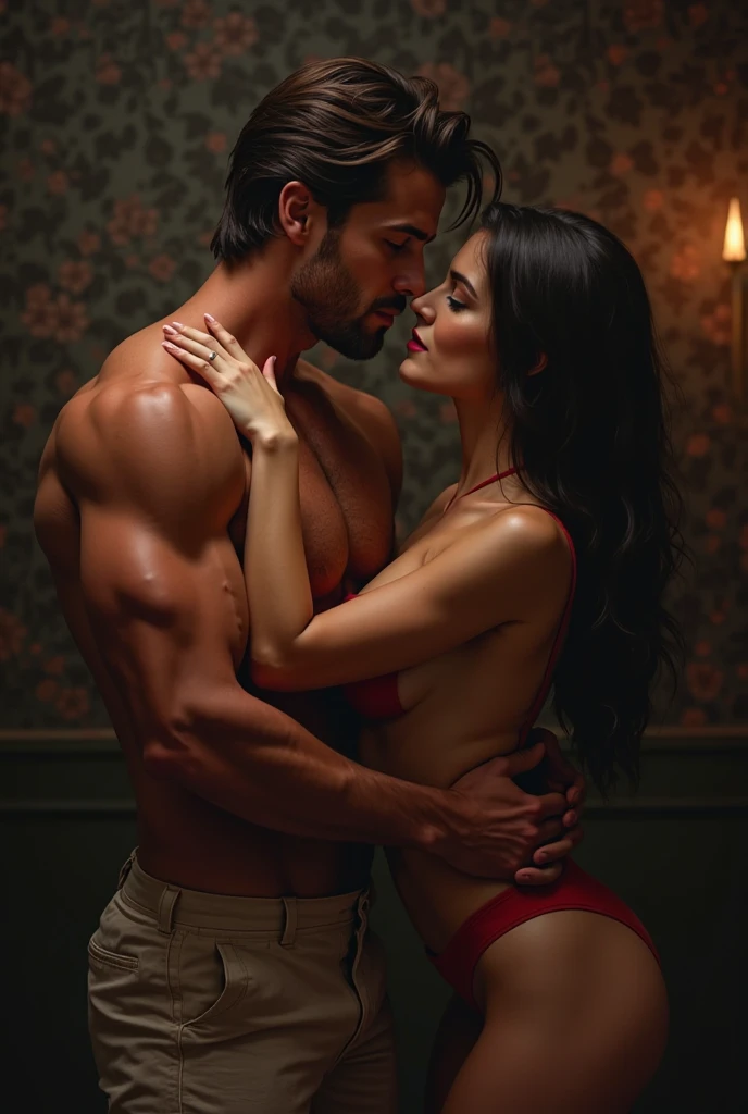A young Puerto Rican man hairy bearded strong muscular red underwear bulge bulge, having his underwear pulled down and examined by a beautiful woman in red panties crouching in front of him, in performance on a stage of a television program presented by a famous presenter.