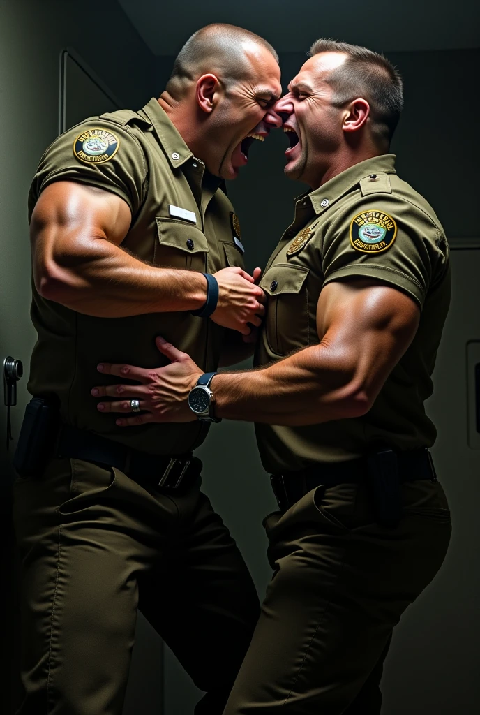 Gay couple ??? with young boy Handsome indian ZANDER 50 years old masuculine bodybuiler GURJAR indian wrist bands with Pain is raging on the face, screaming with pain and making aggressive face expressions with eyes closed, the head is tilted back spiky hairstyle police officer weared light khaki uniform, standing and doing body playing in clinic with young nurses, His perfect( big huge penis) is (coming out) of his pant,masterpieces