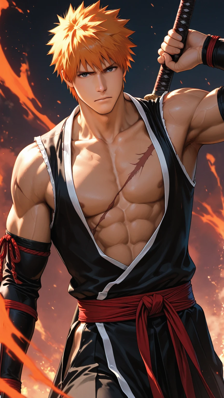  Far view,High quality, ultra realistic,absurdres, highres, ultra detailed, HDR, masterpiece, extremely detailed face and eyes, a cool topless fighter, cool pose, dragon on back, tekken, ,, cool white hair , solo, ,man, handsome, ,white eyeleshes, blue eyes ,explosive effect , ,black lightning  effect,glowing glitters ,  symetrical 