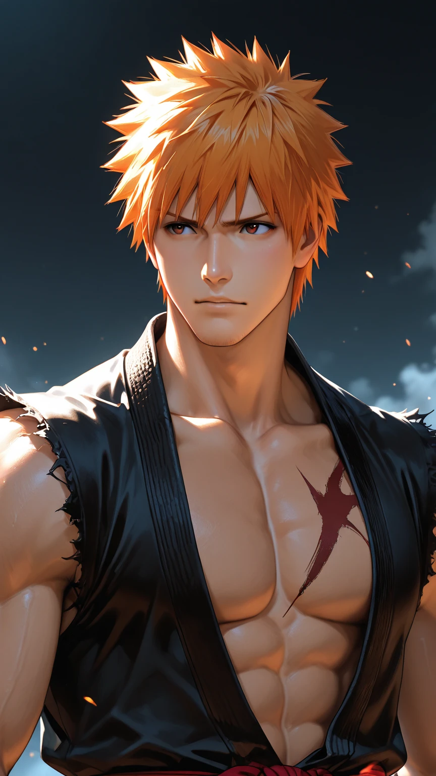 1 boy, male focus, Kurosaki Ichigo, bleach, Also available in black, ???????? Zhanyue (for banks), torn clothes, outdoor, rain, breastplate plaster), (best quality), (Super detailed), very aesthetic, illustration, disheveled hair, perfect composition, hydrated skin, intricate details,