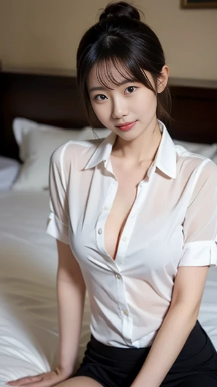 ((Highest quality, 8K, masterpiece: 1.3)), 1 Female, The beauty of slim abs: 1.3, (Hairstyle Casual, Big ample breasts: 1.2), Wet Skin, Ultra-fine face, Detailed eyes, double eyelid, smile, Formal shirt, Exposing cleavage, gigantic breasts: 1.3, cleavage: 1.3, Armpits,Leaning,forward, Black Hair,Tight bare legs, Full body description,White skin,mini skirt: 1.3,Girl with perfect body,Long Hair,Inside the room,Fair skin