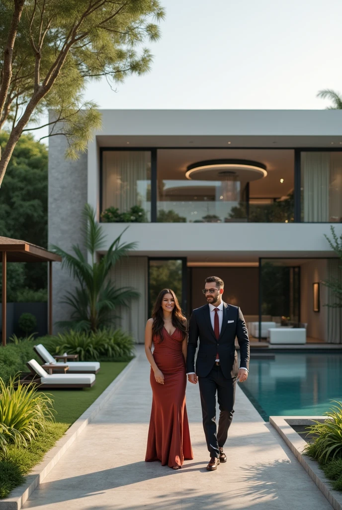 RAW photo, a portrait photo of 45 y.o man and gorgeous wife together celebrating, beach clothes, standing in a suit at his beach front ultra luxury villa wondering about life, natural skin, 8k uhd, high quality, film grain, Fujifilm XT3, full body and head straight in the photo, facing the viewer of the photo, eyes fixed to the lens, appears shoulders and head in the photo, man and woman centered in the photo, 8k, best quality, masterpiece, realistic, realistic photo, movie photo, ultra realistic, 2 person, detailed, perfect lighting, DSRL, professional photo, 4k, background full view of the ultra-luxury beach front Caribbean villa with inanity pool in the summer with his attractive wife in the poll relaxing with a cocktail, 16:9 aspect ratio