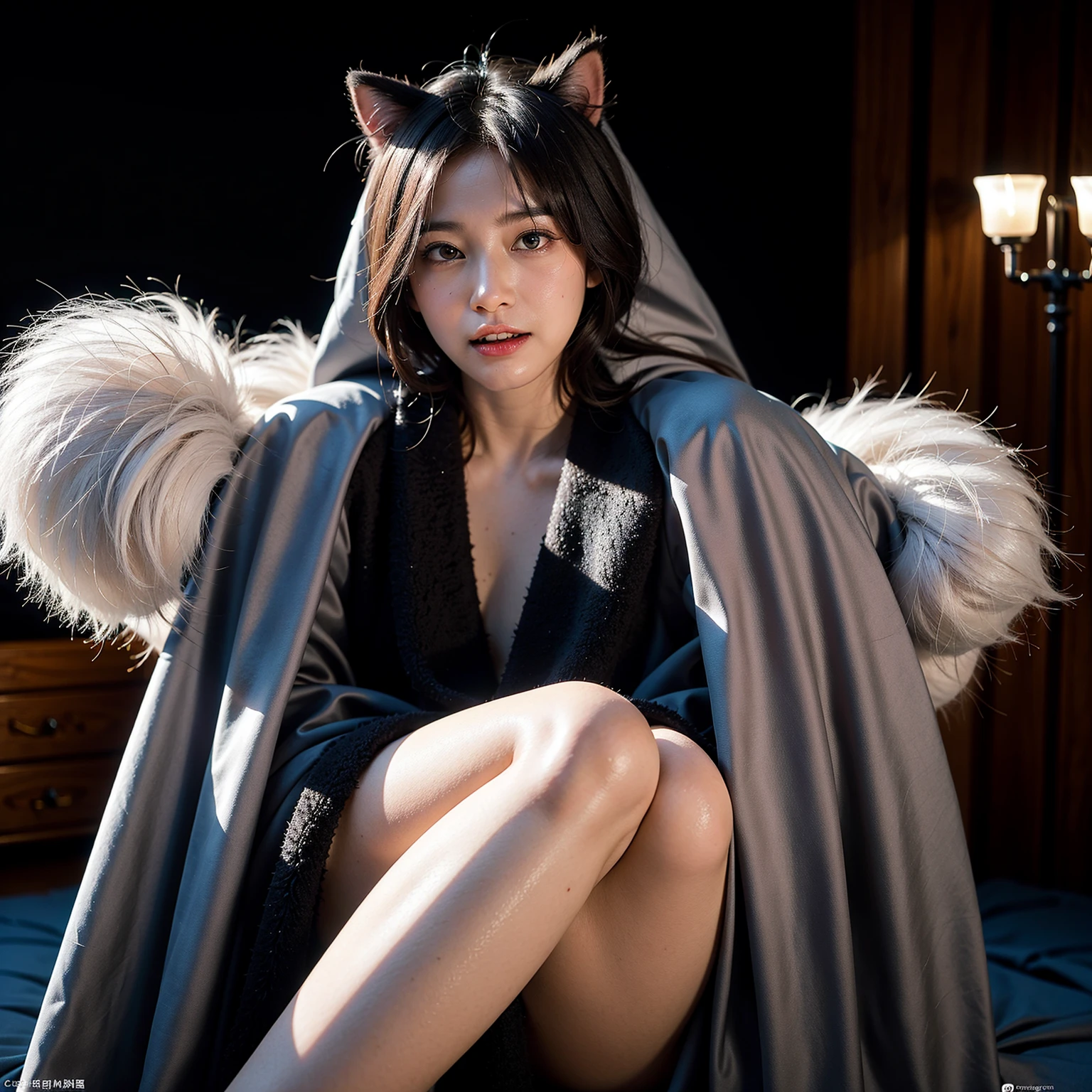 Furry Woman、Fox ears、shout、night、Japan Road、shrine、Low - Angle、Dynamic composition、Background blur