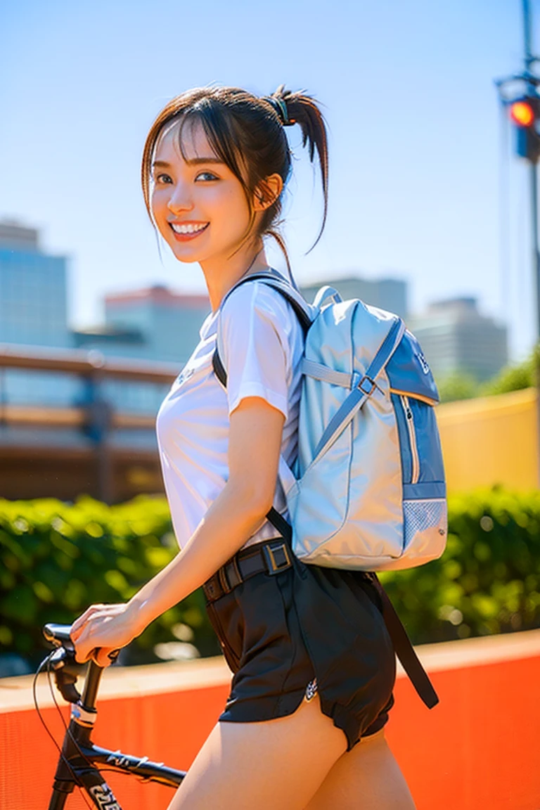((masterpiece)),(((Highest quality))),Thin thighs,Long legs,An 18-year-old high school girl standing on the school steps,White shirt,Blue and white plaid mini skirt:1.5,The best smile,Short bob with side waves:1.5,Carrying a black backpack,wear black loafers,Facing the front and spreading legs:1.5,