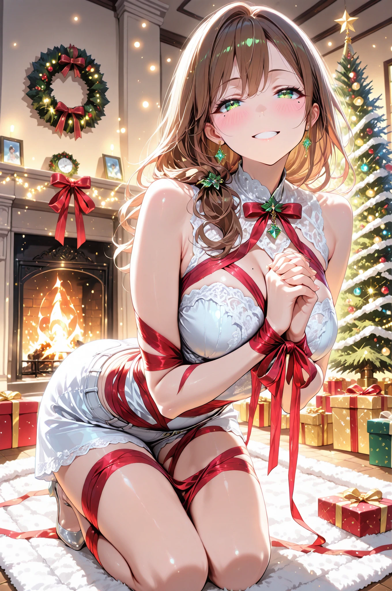 Goth wrapped in red ribbons, nsfw, christmas tree in background, nude ribbon, ribbon bandage, brown hair, short black hair, busty, brunette, blue eyes, on knees, night, smile