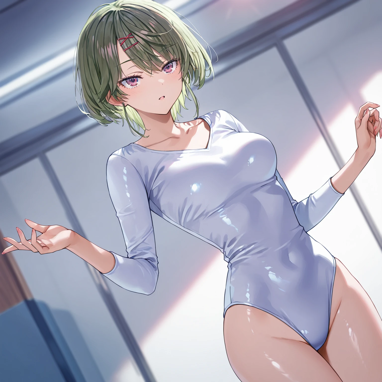Blue school swimsuit、(masterpiece、Highest quality)、Highest quality, Ultra-high resolution, (((masterpiece))), alone, Sweat、Big eyes, Composition from the front、Shortcuts、Embarrassed face、Blonde、Cut your hair short、School swimming pool、short hair、Pussy Line、Browsing Caution、Butt