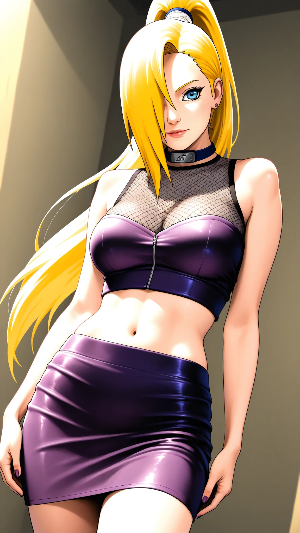 4K quality, The best high quality masterpiece, Punk girl wearing thin a black shirt, (heavy makeup), Blurred city background at sunrise, short hair, blonde bob cut hair, detailed face, high quality, High resolution, (full shot:1.8), big breastini skirt, garter belt and black stockings