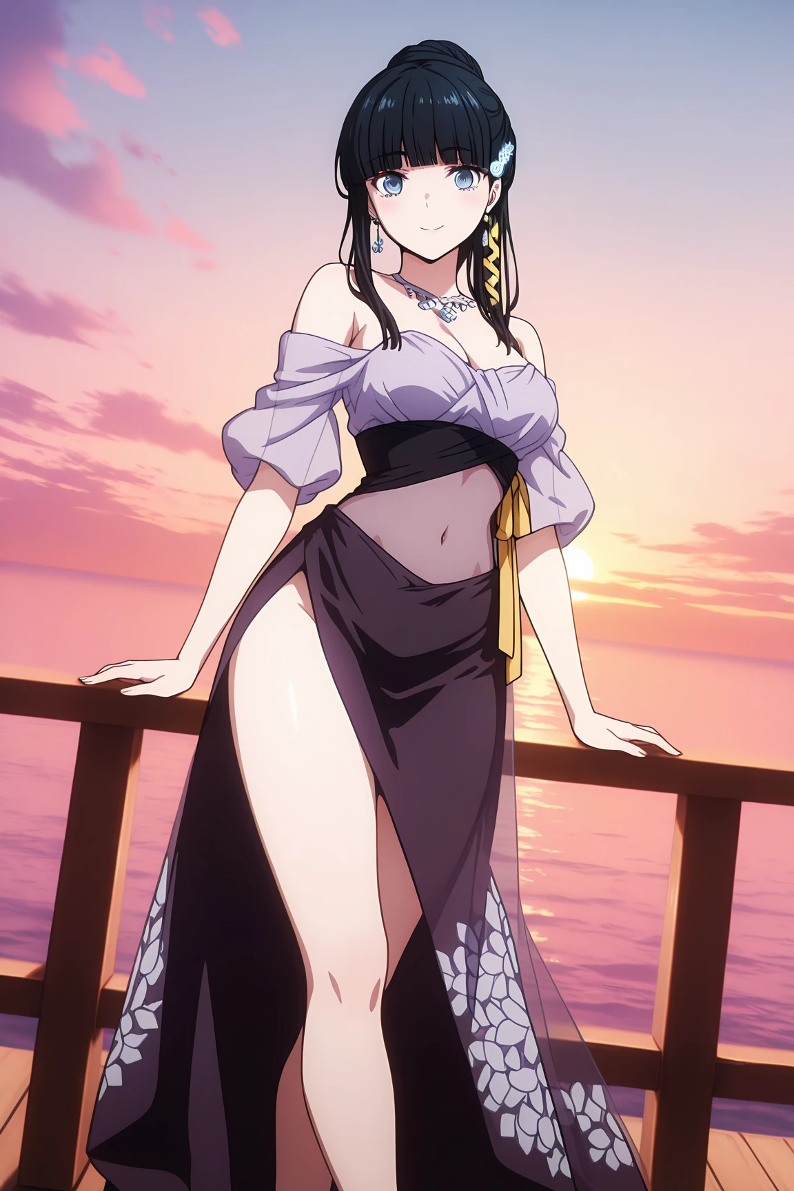 blue eyes,blue hair, gown, 1girl, breasts, jewelry,, pink dress, side ponytail, necklace, solo, hair ornament, cleavage, sidelocks, bare shoulders, cloudy night, earrings, revealing clothes, bangs, hairclip, looking at viewer, large breasts, thighs, simple background, bracelet, no panties, purple eyes, cowboy shot, parted lips, squatting, halterneck, (at an ice hotel:1.2)
