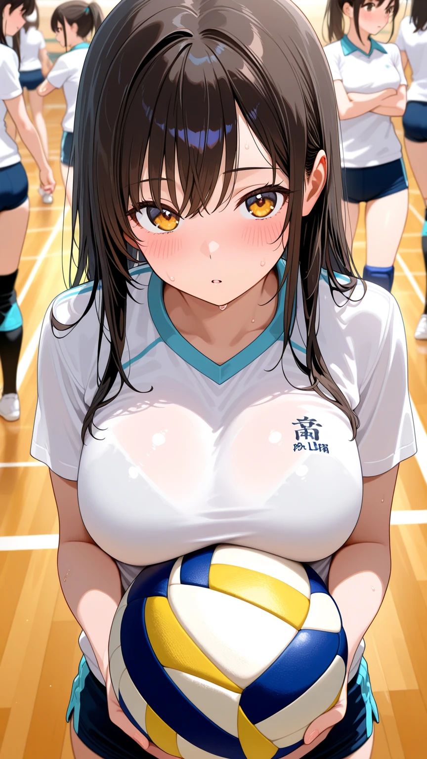 masterpiece,Highest quality,Super quality,Several women&#39;s volleyball club members,Dark hair color,Beautiful breasts,Nipples,Detailed face,Natural lighting,smile,Showing her  to the boys&#39; basketball team,locker room