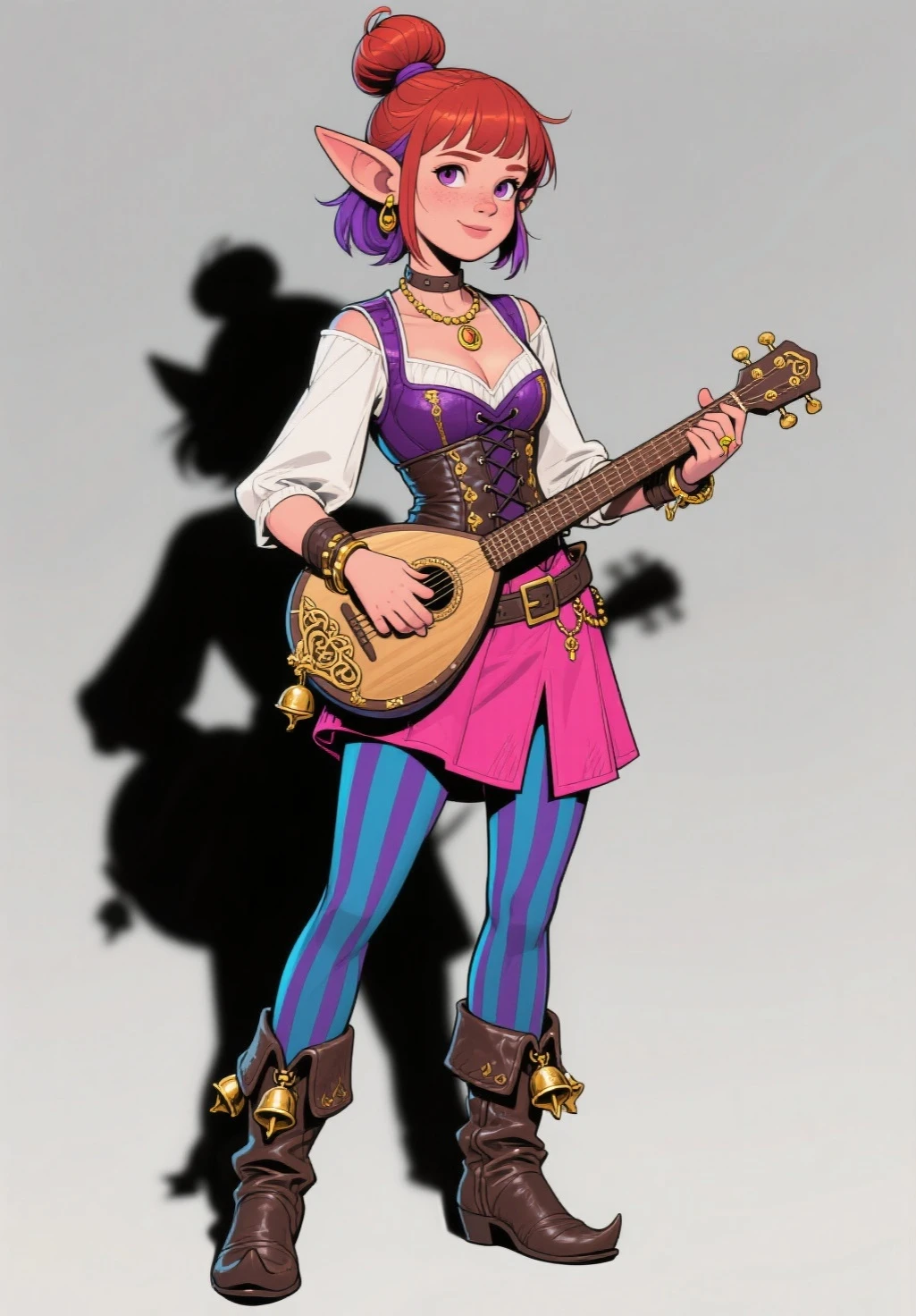 I want a character on a white background, png, de corpo todo, with pointy shoes, A feminine woman bard playing the violin and wearing purple jester clothes, full body image, muito smiling e feliz rindo atoa, With a violin in hand, smiling, brown violin, dancing while playing