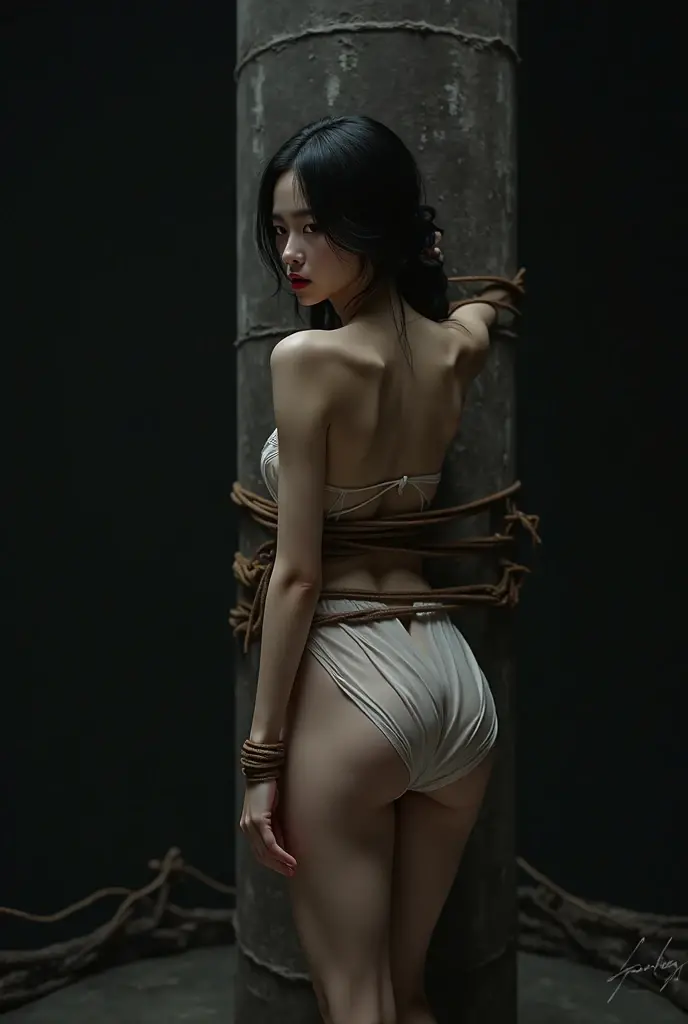 one girl tied up by another one with rope,(bright lighting,romantic setting),dreamy background,bondage,dark hair, mesmerizing gaze, , soft skin, alluring beauty, artistic portrait, high-quality image, vibrant colors, long silk gown, in the bed, mosquito net,sidesuspension