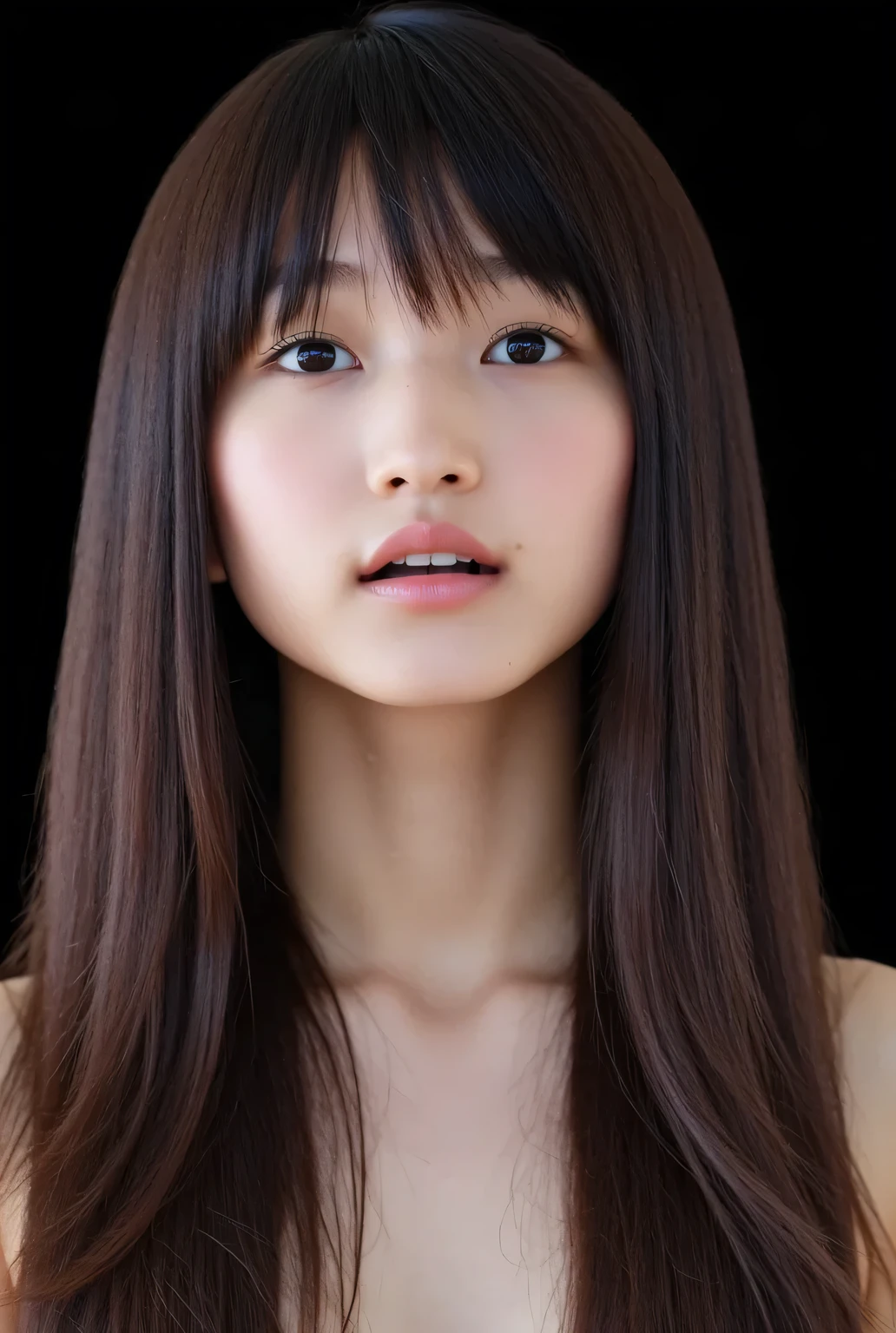 she wants to kiss, masterpiece, correct, Super Detailed, ultra correct, High Quality, Award winning, 最High Quality, 16 kg, perfect anatomy, (Front Map, upper body), ultra high resolution hair, brown hair, Long Hair, detailed face, realistic textured skin, focus on your face, Bright red lips (Kissing Face Waiting :1.3), parted lips, (topless, ), Black background,