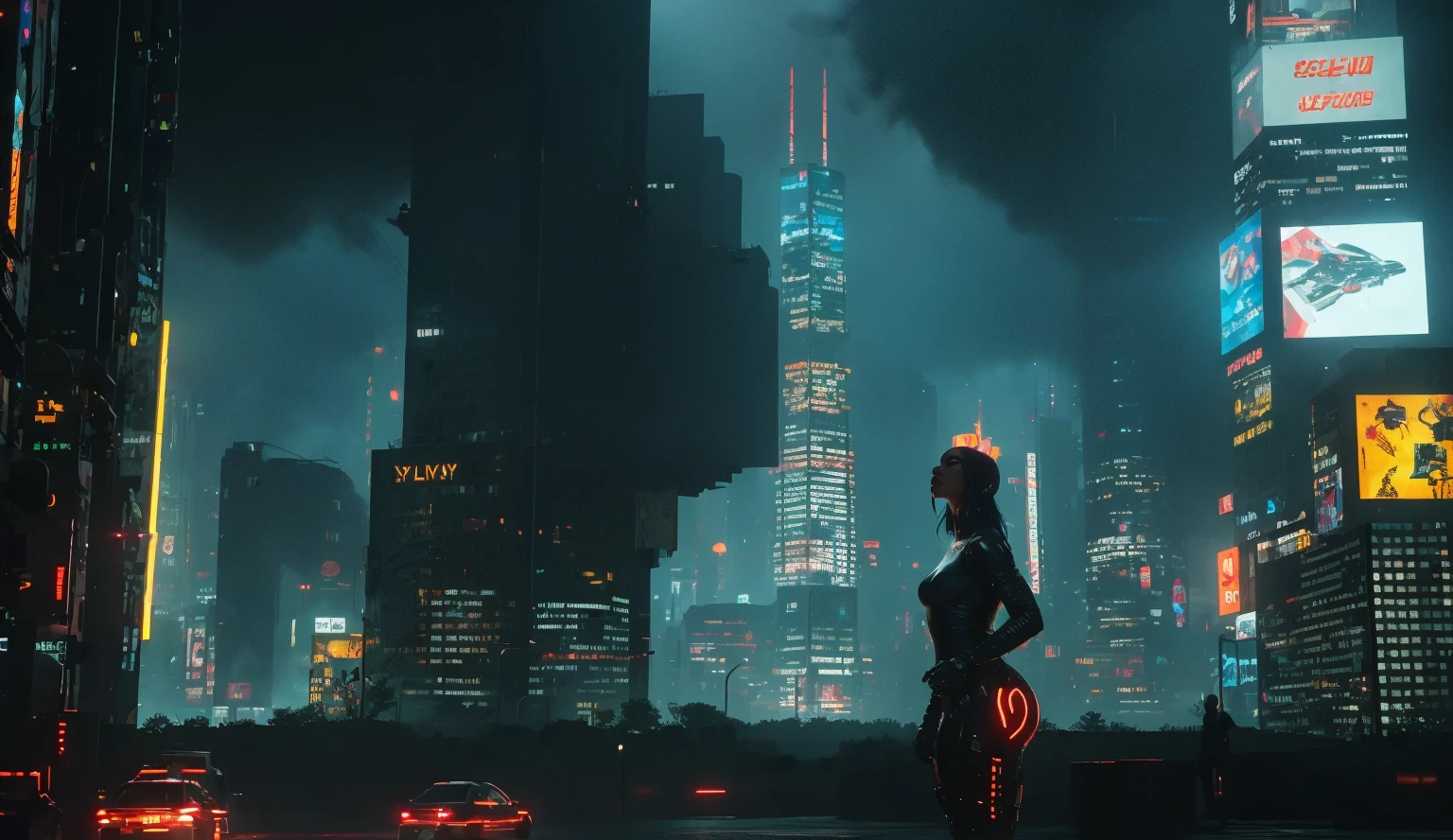 (High view). There's a cyborg woman (8k) wearing a futuristic leotard (best quality) standing in a cyberpunk city alley at night, darksynth aesthetic, red neons, haze, 1drone, foggy night, ultra detailed, photorealistic, (1girl, solo, alone), large-breast:1.2 slim body, cleavage:1.1, (black sunglasses), (holding a pistol), half-body thigh level medium shot, cinematic lighting, ray tracing.