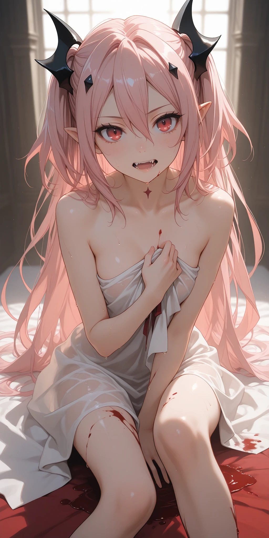 Pretty girl with pink hair,with hair dishevelled,hair messy,White light dress,Bare legged,Barefoot,Sick,Be covered in blood,Kitchen knife in hand,Covered in scars,murderer,Maniac,The pupil does not have highlights,Blood-colored pupils,Perverted,Sick,crazy,sneering,Rivers of blood,corpses everywhere,big laughter