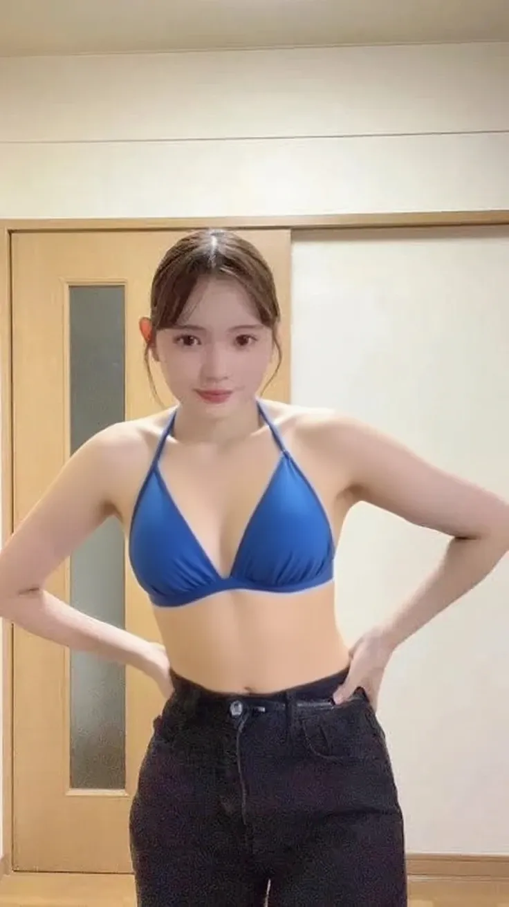 (Top Quality, 8k, Masterpiece: 1.3)), Sharp Focus: 1.2, Full Body Photo, (Full Body Portrait), Shot from a Low Position, (((Very Slender Abs: 1.5)), Beautiful Slender Japan Woman in Perfect Style: 1.4, (Slender Abs: 2.5), Slender Waist, (((Dark Brown Hair, Small: 1.2)), (Natural Light, City Street: 1.1), Highly detailed face and skin texture, detailed eyes, double eyelids, (light blue tube top bikini: 3.4), poolside, hands above the head,