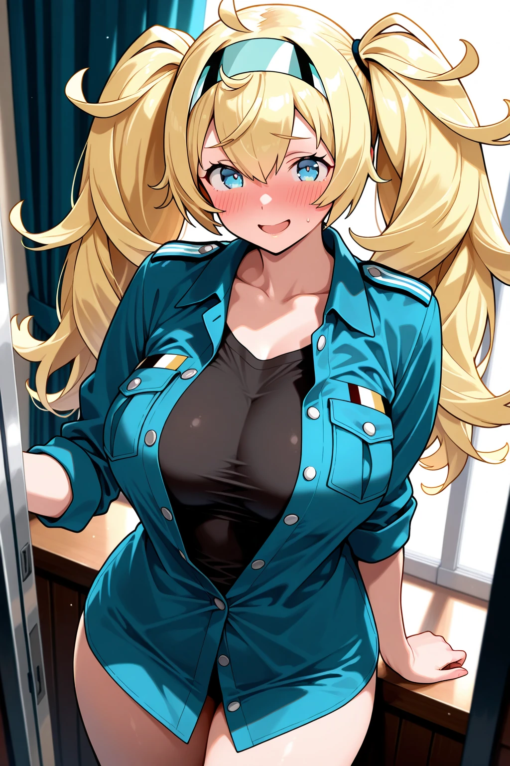 masterpiece, best quality, detailed face, detailed eyes, blonde hair, long hair, hairclip, dark skin, blue eyes, choker, tied shirt, midriff, cleavage, miniskirt, thighhighs, cowboy shot , Leopard Micro Bikini, Thong, Twin tails, b, brown hair,   1girl, solo