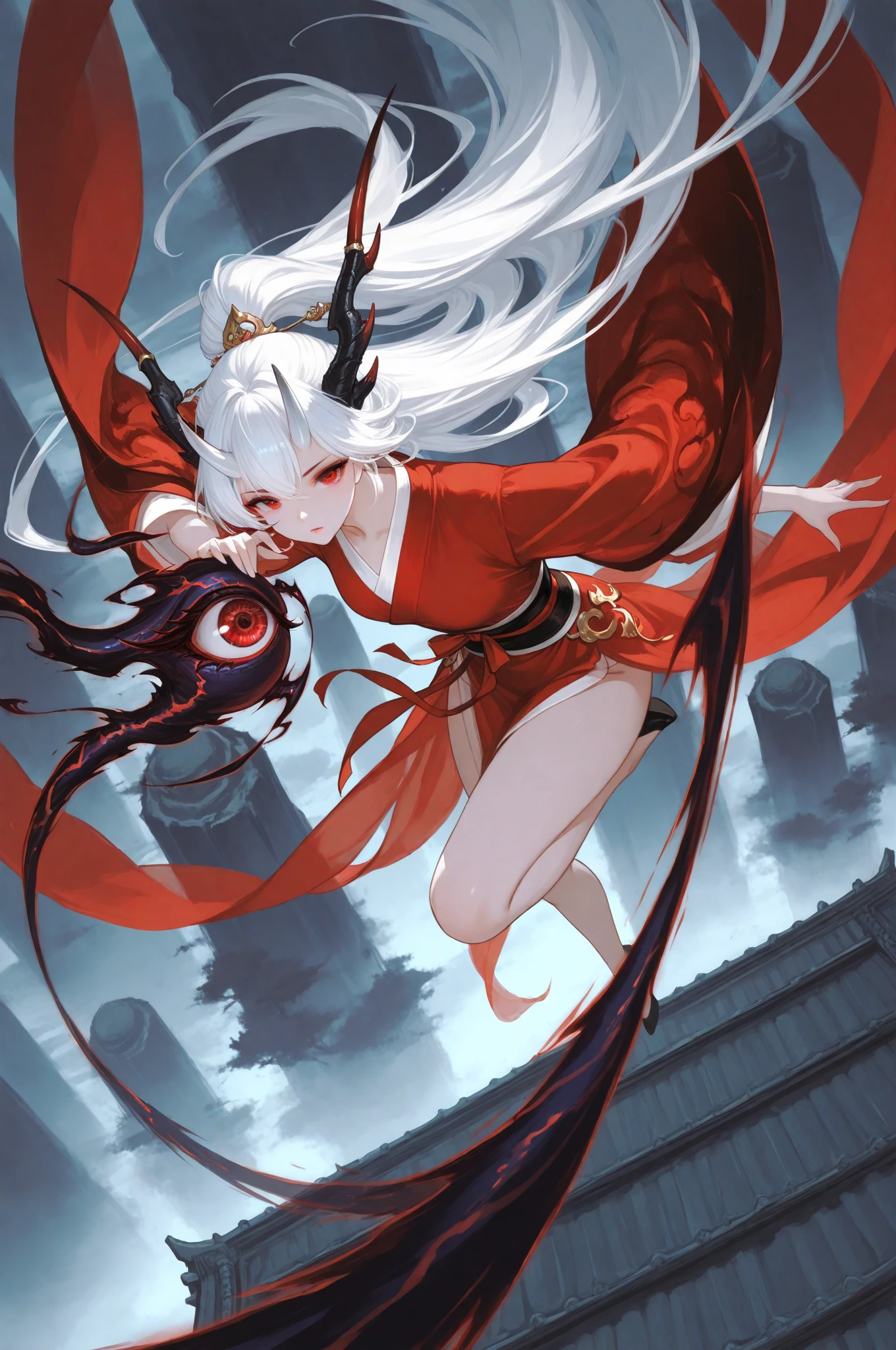 shuimobysim,shukezouma,masuter piece、top-quality、8K、Official art、There is only one character、Detailed eye、花魁、(Dracula's daughter)、Gray hair、Long straight hair、Fair skin、deadpan、Full body、simple background、Clothing
