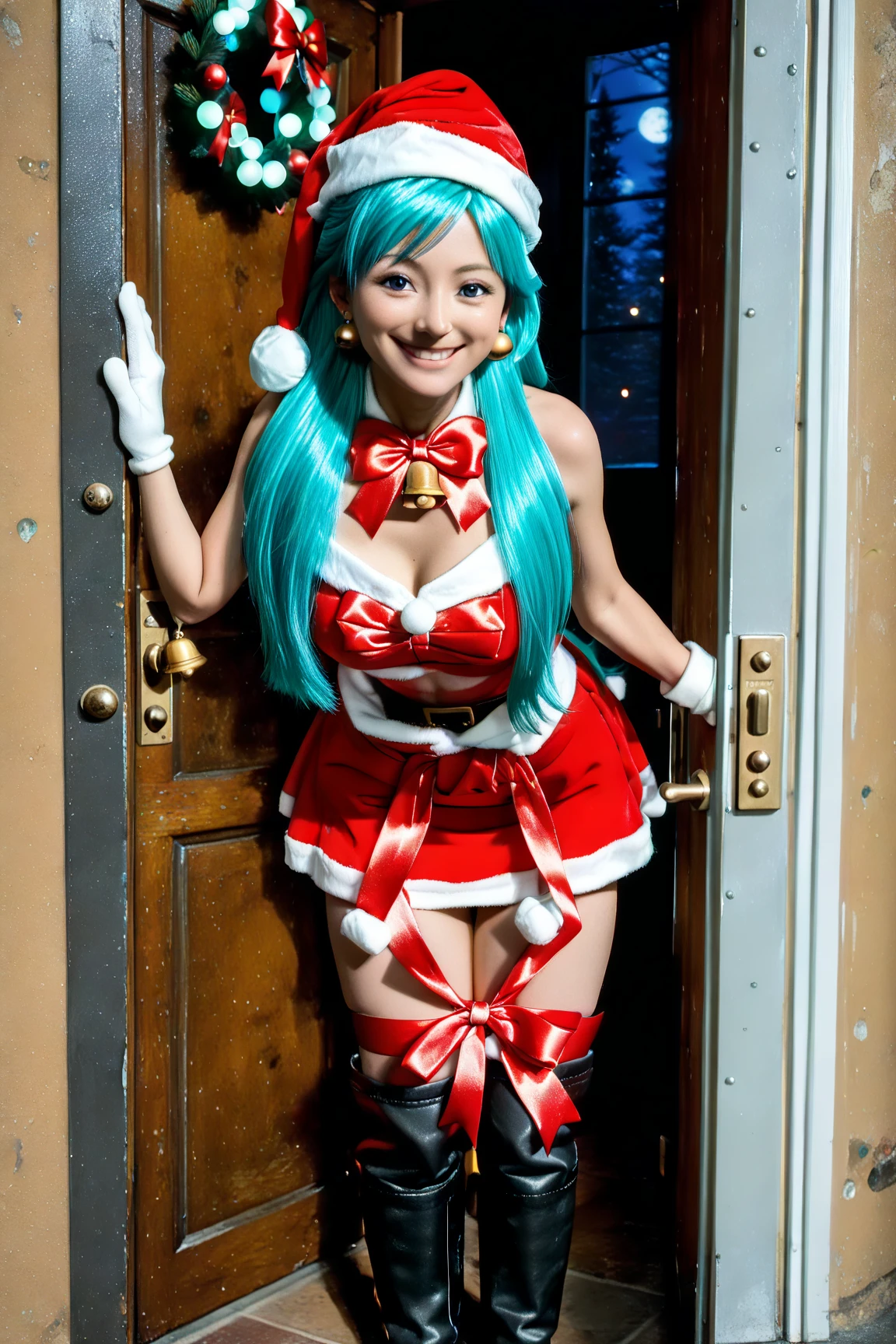 One big anime girl,long colorful hairs,smiling,big body curves, posing in bedroom, wearinng sexy plane frock white and red clothes added coastly stockings, shoes, beautiful realistic texture 