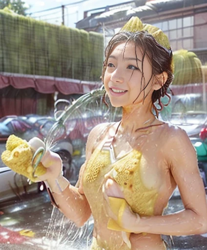 there is a woman in a green apron holding a cup, mysterious coffee shop girl, realistic shaded perfect body, [ 4 k digital art ]!!, humiliated Asian girl, photorealistic perfect body, hot coffee, beautiful alluring anime woman, in a coffee shop, with a drink, thicc, realistic, liquid chocolate splash, chocolate drips on skin and nose, falling chocolate from above, brown liquid drips, Chocolate shower, brown liquid splashes, Oily skin, ((seductive:1.5)), chocolate waterfall, chocolate pouring onto her hair and shoulders, smothered in liquid, covered with brown goo, made of smooth brown goo, dripping on her skin, brown slime, black hair, detailed, (chocolate pouring in background)+ shiny skin, ((chocolate pouring down)), yellow oil sludge, covered in oozing brown goo, chocolate river, made of smooth brown goo, dark chocolate paint, chocolate sauce, covered with pudding