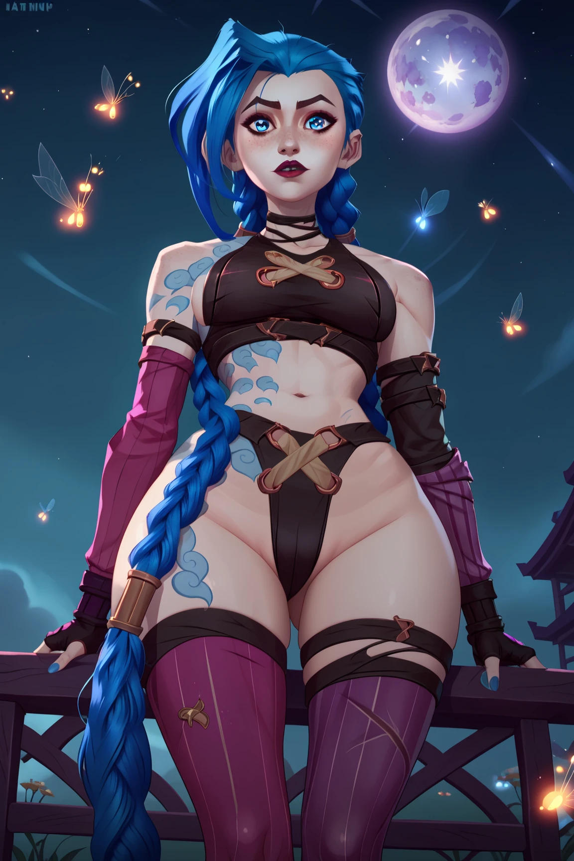 Jinx - Arcane, alone, 15 years old, small breasts, wide hips, thick thighs, high resolution, perfect face, super detailed, wearing micro bikini