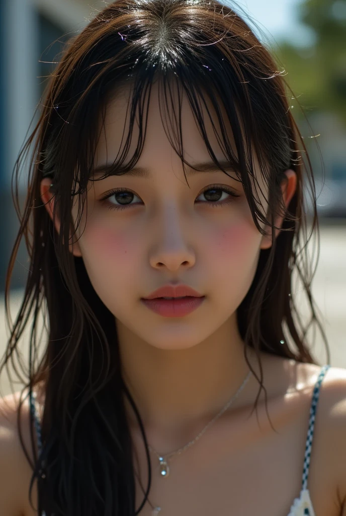 (masterpiece:1.3), high resolution, ultra detailed, extremely detailed CG unity 8k wallpaper, realistic, photo-realistic, RAW photo, beautiful detailed face, pale skin, realistic glistening skin, detailed cloth texture, detailed hair texture, Perfect body, Beautiful Face, accurate, Anatomically correct, Highly detailed face and skin texture, natural neck length, (beautiful hands), (fair skin:1.1), (well-aligned teeth:1.1), (Sweaty skin:1.2), 
BREAK, 
Detailed eyes, symmetric eyes, Light Brown eyes, Double eyelids, Thin eyebrows, (Glossy lips:1.4), ((A face with waiting for a kiss:1.2)), (blush:1.1), (A sparkling small hair accessory:1.1), 
BREAK, 
(A classy and Cute woman1.3), (, , , navel:1.4), 
BREAK, 
medium large breasts, slender figure, firm abs, 
((random hairstyle, black hair, wavy hair, medium hair, asymmetric bangs:1.2)),  (Close up shot:1.2), (looking at viewer), (beautiful smile:1.1),  From above, 
BREAK, 
 (((A view of mountain:1.3))),
