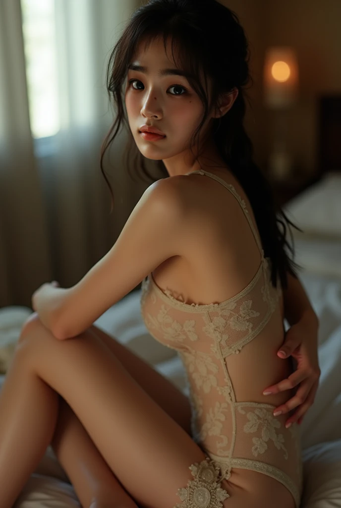 (A hyper-realistic), (illustratio), (hight resolution), (8K), (ighly detailed), (The best illustrations), (beatiful detailed eyes), (top-quality), (ultra-detailliert), (masterpiece), (wall-paper), (详细的脸), natta、Seductive face,独奏, full of sweat, japanes, medium breasts, You can see the valley、sagging gigantic breast, black underwear thong lace、The chest is open、Inviting Pose、Straight long hair、Bedrooms、big breasts thin waist、Beautiful legs、20yr old、SEX、Skinny Legs、beauty legs、Invite to bed