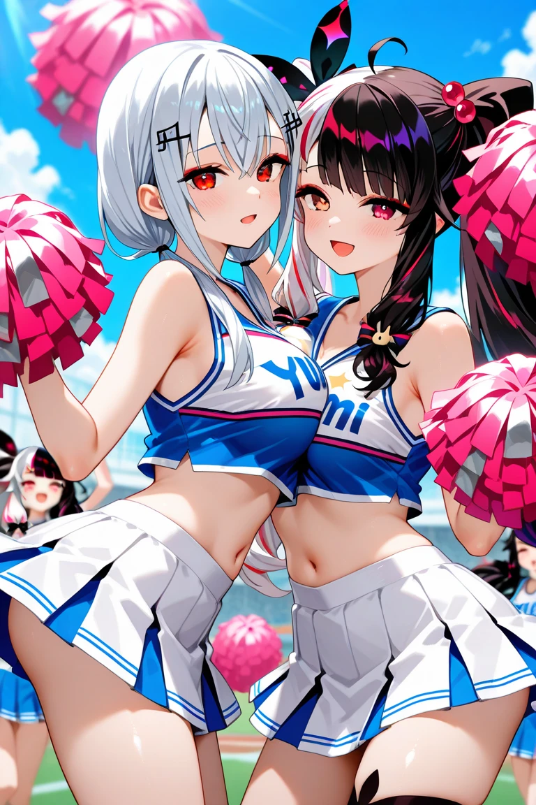 (nsfw:1),masterpiece,ultra detailed,curvy body,realistic skin,?????? anime style,2mature woman,dynamically cheerleading,black hair,wavy hair,white cheer costume,short skirt,pink light,dark room,bedroom,string-only thong,cheerful,flying heart-shapes,armpit hair,pubic hair,