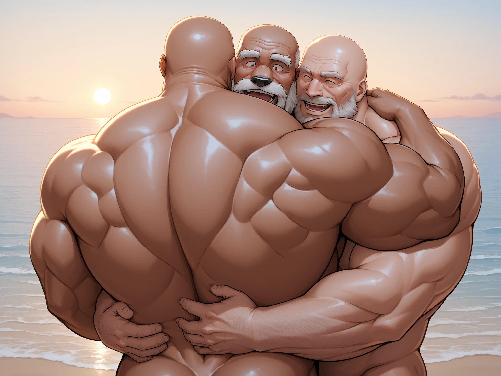 Handsome muscular shirtless bald brown bearded man laughing tied in strappado bondage position laughing, abs touched and tickled by group of handsome muscular lumberjacks, abs tickling, armpits scratched and tickled, armpit tickling, forest background