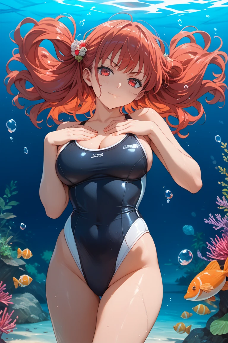 ((unity 16k wallpaper, masterpiece, best quality, ultra-detailed, extremely detailed CG, caustics, cinematic lighting, detailed, beautiful detailed eyes)), ultra high resolution, fine skin, (cute: 1.2), ( 15 year old girl), ((old school swimsuit: 1.6)), summer sunshine, (lying on the sand: 2.0), ((writing in the background)), orange hair